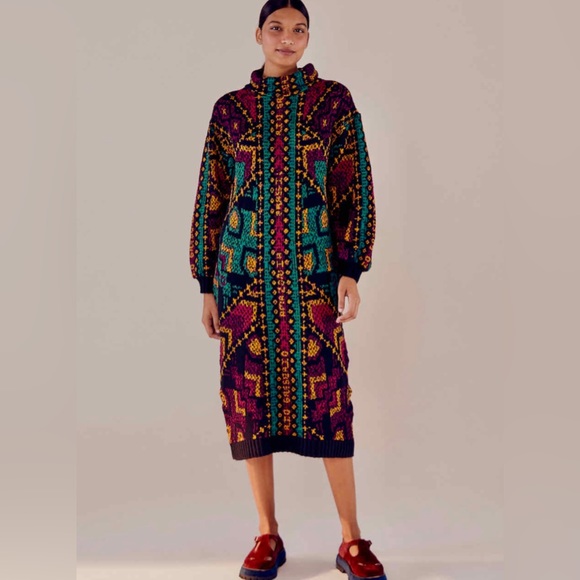 FARM Rio Dresses & Skirts - NWT Farm Rio Yawanawa Stripe Long Sleeve Jacquard Midi Sweater Dress